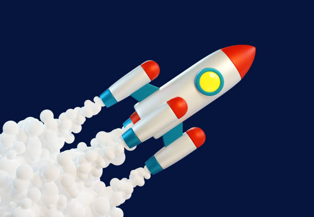 3d cartoon rocket with exhaust smoke on a dark blue background. 3d illustartion. 3d render.