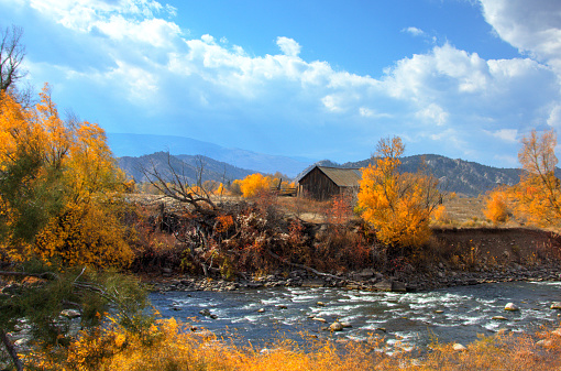 Autumn view of the Wind River near Dubois, Wyoming in western USA of North America on the approach to the Grand Teton National Park.