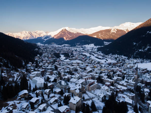 istock Davos city center arial view with mountains in background and side 1385509010