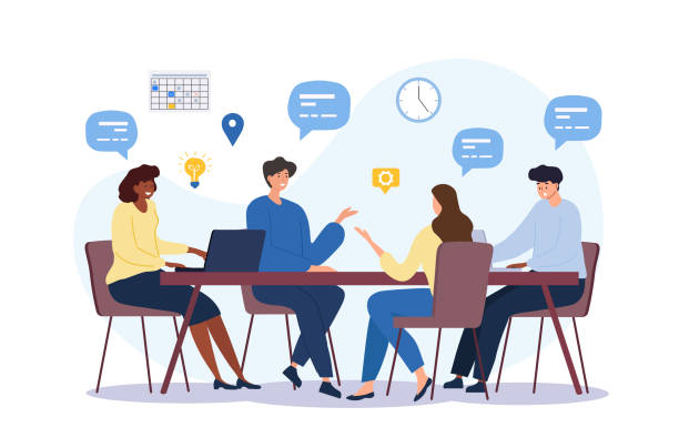 ilustraciones, imágenes clip art, dibujos animados e iconos de stock de concepto de comunicación empresarial - seminario reunión