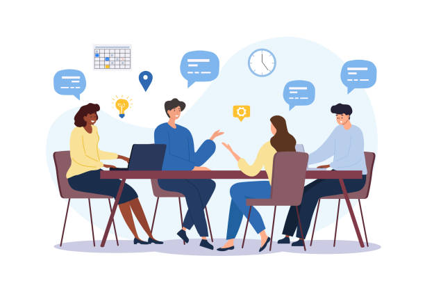 Business communication concept Business communication concept. Group of employees discussing idea at table. Brainstorming and company development, directors council or analytical department. Cartoon flat vector illustration team stock illustrations