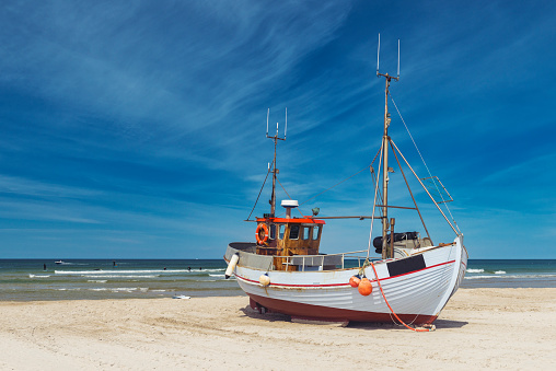 Danish wooden fishing boat on the west coast of Denmark.