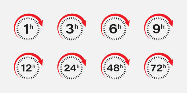 ilustraciones, imágenes clip art, dibujos animados e iconos de stock de cuenta regresiva 1, 3, 6, 9, 12, 24, 48, 72 horas izquierda etiqueta o conjunto de emblemas. icono del contador de horas izquierdas con relojes. vector eps 10 - tiempo