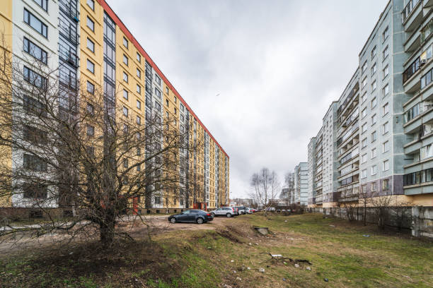 Riga, Latvia - February 20, 2022: The Soviet-era architecture of the Ziepniekkalns residential area with its ugly, untidy surroundings