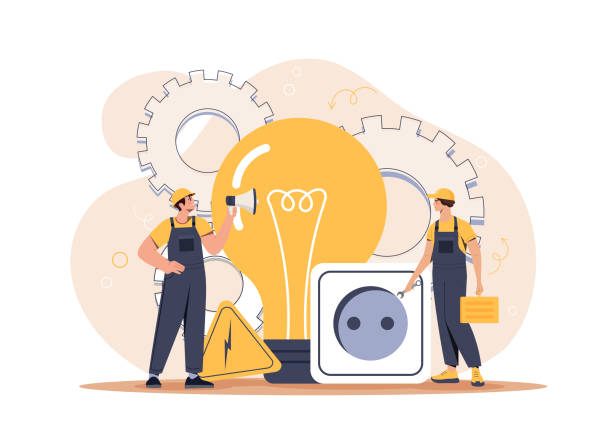 Concept of electricity Concept of electricity. Two workers in helmets in front of light bulb. Men repairing outlet, danger and large number of volts. Light in house and repair services. Cartoon flat vector illustration blackout stock illustrations