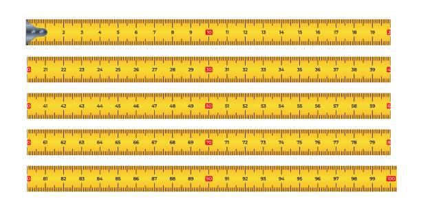 illustrations, cliparts, dessins animés et icônes de illustration vectorielle jaune et noir ruban à mesurer règle 100 cm isolée sur fond blanc. bande réaliste pour la roulette à outils dans un style plat. mesure métrique. - construction yard