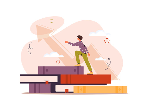 Business education concept. Young guy climbs piles of books, charts and diagrams. Literature study, financial literacy. Aspiring businessman or entrepreneur. Cartoon flat vector illustration