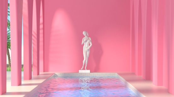 Modern design colorful background. Water pool with pink coral walls and white statue. 3d illustration. retro style.