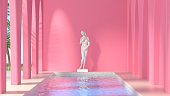 istock Modern design colorful background. Water pool with coral walls and white statue 1385514114