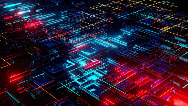 istock 3d steel cubes, Abstract flying, fluorescent light, glowing neon cubes, Cubic Network Nodes and Wires. low poly waving 3D fantasy background, 3d render 1385514325
