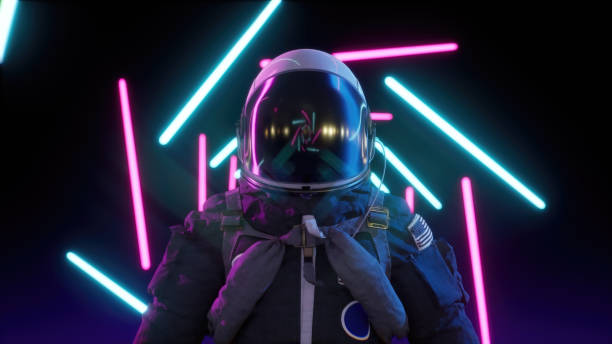 istock Retrowave astronaut among neon laser beams. Futuristic background 3d render 1385514329
