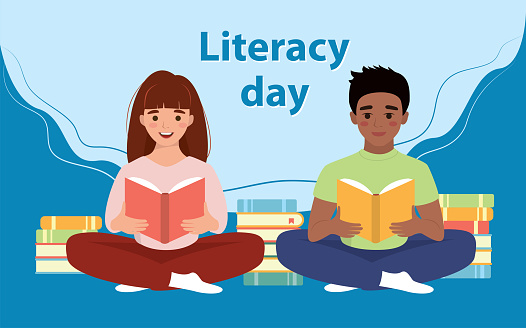 Children sit and read books on Literacy Day. Vector illustration