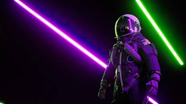 Astronaut in infinite neon tunnel corridor. Neon laser lights. Retrowave 3d illustration