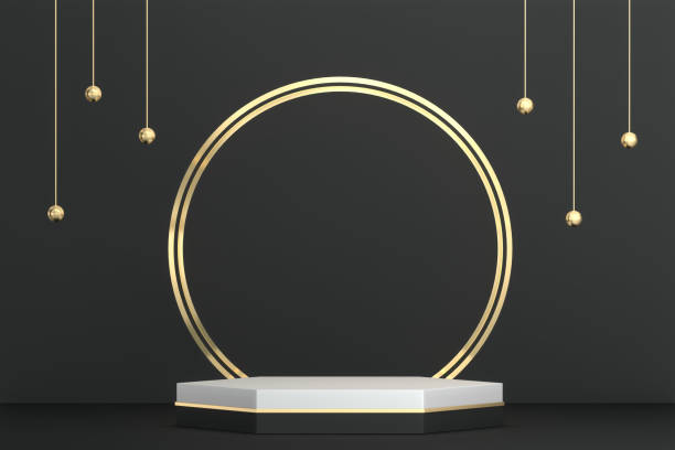 istock Black abstract design black podium show cosmetic products. 3D rendering 1385515339
