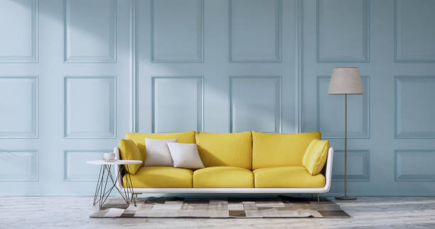 istock Light blue Living room has decorated with lamps and plants trees .3d rendering 1385515388