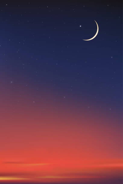 istock Islamic card with Crescent moon on Blue,Orange sky background,Vertical banner Ramadan Night with Dramtic Suset,twilight dusk sky for Islamic religion, Eid al-Adha,Eid Mubarak,Eid al fitr 1385515567