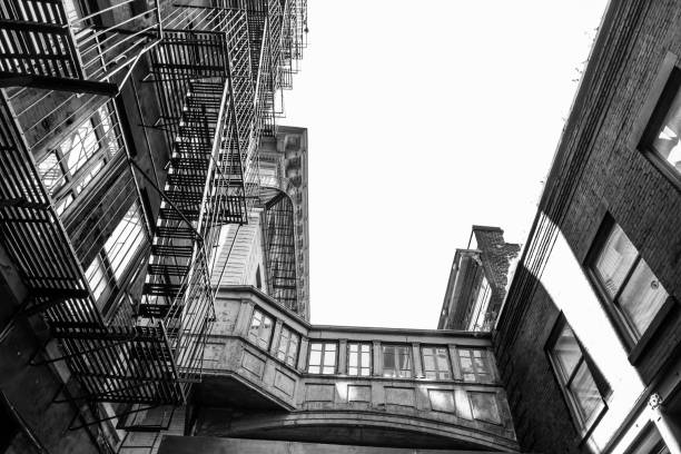 A view of buildings in the city in black and white