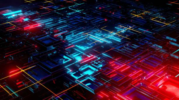 istock 3d steel cubes, Abstract flying, fluorescent light, glowing neon cubes, Cubic Network Nodes and Wires. low poly waving 3D fantasy background, 3d render 1385516860