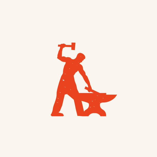 ilustraciones, imágenes clip art, dibujos animados e iconos de stock de logotipo de smithy. diseño de silueta de herrero estilizado vintage rojo - herramientas de herrero