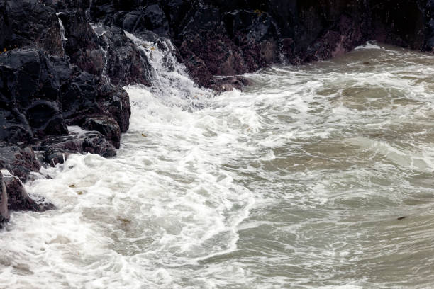 Waves breaking on Basaltic volcanic rocks, Bongo NSW Australia, background with copy space, full frame horizontal composition