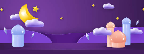 istock Ramadan Kareem holiday design. Background crescent moon with star and arabesques, round podium, stage studio for promo product. Festive banner, poster. 1385524375