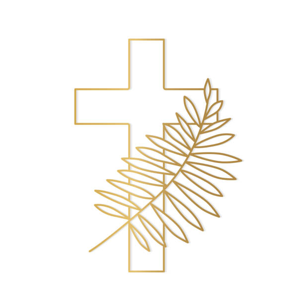 golden palm leaf and cross, christian Palm Sunday symbol golden palm leaf and cross, christian Palm Sunday symbol- vector illustration baptismal font stock illustrations