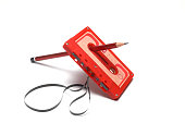 A pen for rewind cassette tape compact retro on white background. 90's concepts.