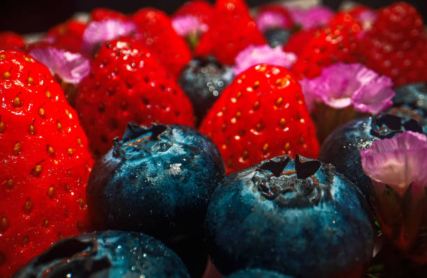 Macro shot of fresh blueberries and strawberries composition.