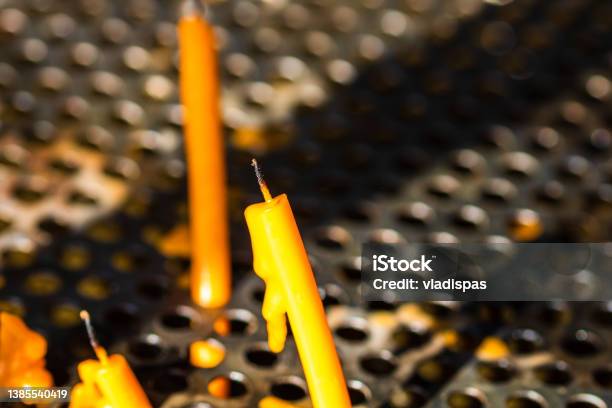 Burning Melting Candles In Memory Of The Dead Close Up Stock Photo - Download Image Now