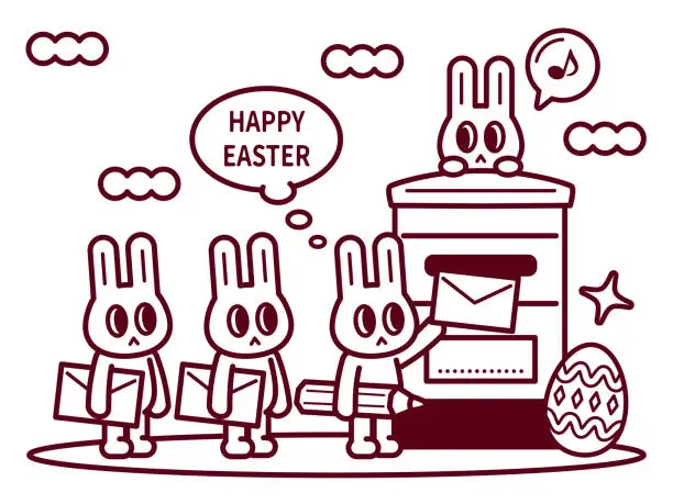 Vector illustration of Happy Easter Bunny sending a greeting card and waiting in line in front of the mailbox