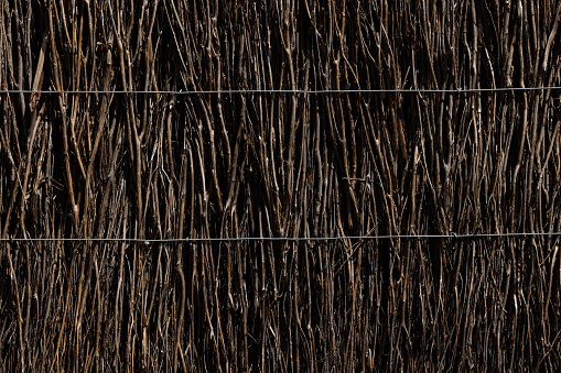 Wickered dry twig wooden background close up