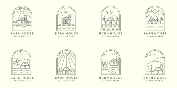 Print rustic barn set bundle emblem minimalist line art design icon illustration template design boda stock illustrations