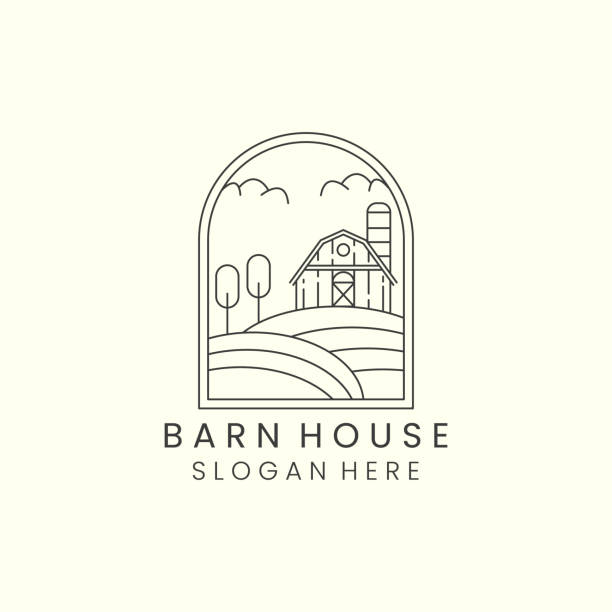 ilustrações, clipart, desenhos animados e ícones de celeiro casa vila emblema minimalista linha arte design design design - barn farm moon old
