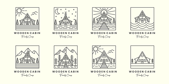 wooden cabin house minimalist line art set emblem logo template vector design