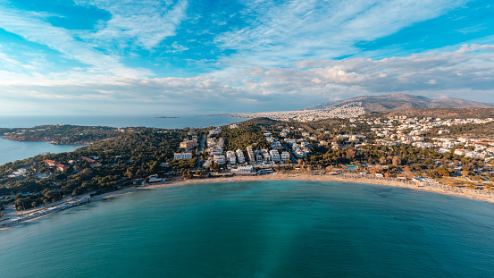 Aerial panoramic photo of south of Athens, Vouliagmeni, Voula, Vouliagmeni Lake, Vouliagmeni Beach, Lemos, Laimos and nearby hills