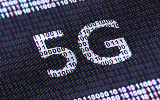 5G icon on binary code ( array of bits ).  3D illustration.