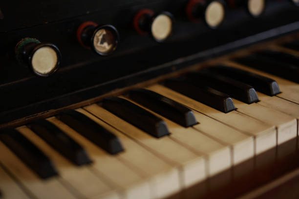 Close up of piano keyboard with black and white keys, classic musical instrument detail