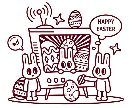 Easter Characters Vector Art Illustration
Happy Easter Bunny turning on the TV and watching Easter movies and TV show episodes.