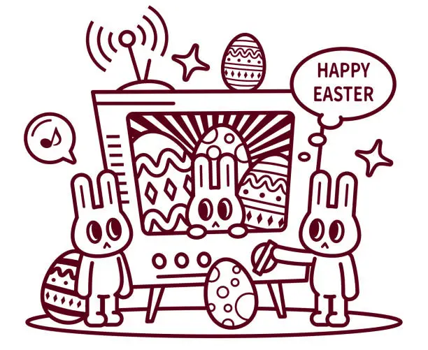 Vector illustration of Happy Easter Bunny turning on the TV and watching Easter movies and TV show episodes