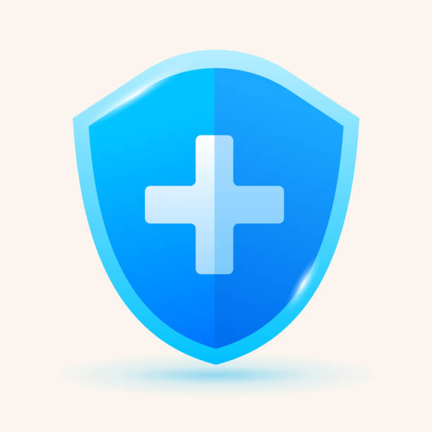 ilustrações de stock, clip art, desenhos animados e ícones de blue protection shield with white cross. vector illustration for online marketing and business. medical safety, insurance or help. template for website, mailing or poster. - shielding