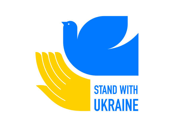 Flying bird, dove as a symbol of peace. Support Ukraine, Stand with Ukraine banner and poster in yellow and blue colors Flying bird, dove as a symbol of peace. Support Ukraine, Stand with Ukraine banner and poster in yellow and blue colors. Vector illustration war bird stock illustrations