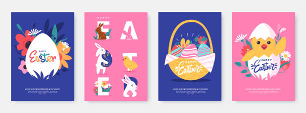 ilustrações de stock, clip art, desenhos animados e ícones de happy easter creative poster collection. set of easter greeting card with cute illustrations in cartoon style. egg hunt event invitation template. ideal for flyer, postcard, promo. vector eps10 - easter egg illustrations