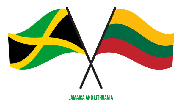 bildbanksillustrationer, clip art samt tecknat material och ikoner med jamaica and lithuania flags crossed and waving flat style. official proportion. correct colors. - welcome to jamaica