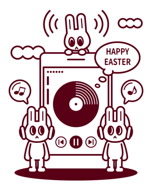 ilustrações de stock, clip art, desenhos animados e ícones de happy easter bunny wearing headset listening to music on smartphone - chicken egg audio