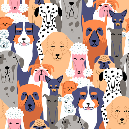 Funny dog animal crowd cartoon seamless pattern