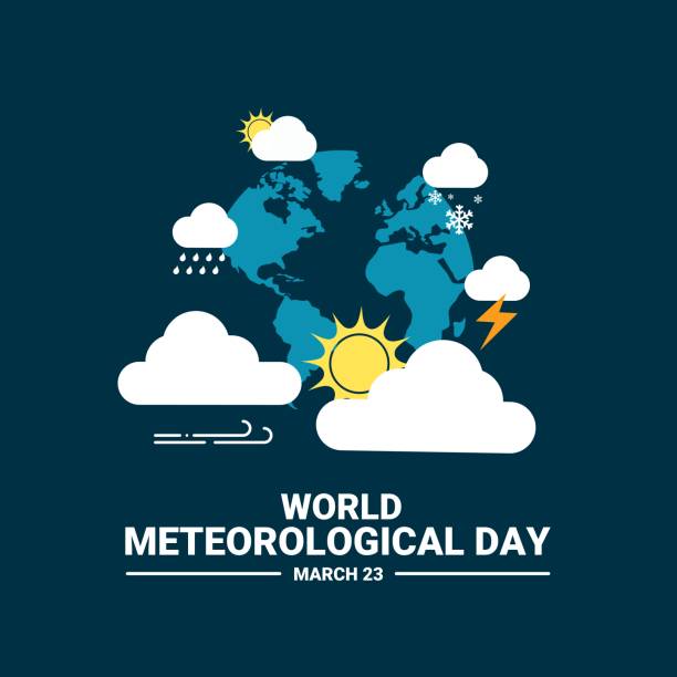 ilustracja wektorowa światowego dnia meteorologii, globus otoczony ikonami pogody, jako baner, plakat lub szablon. - weather meteorologist meteorology symbol stock illustrations
