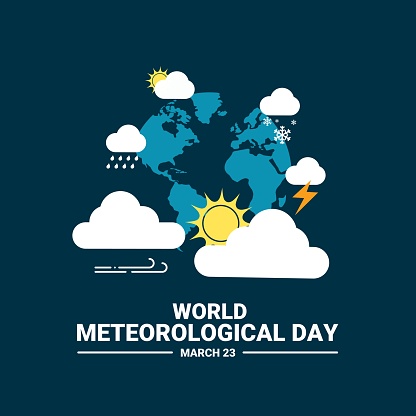 Vector illustration of world meteorology day, globe surrounded by weather icons, as banner, poster or template.