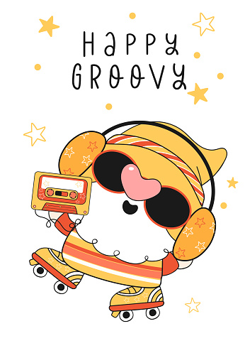 cute Gnome greeting card, cute cartoon retro groovy nordic faceless head drawing in vingate outfit with old style roller skate and music