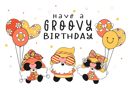 cute Happy Birthday Gnome card, cute cartoon retro groovy nordic drawing in vingate outfit with balloons