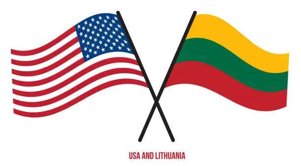 Vector illustration of USA and Lithuania Flags Crossed And Waving Flat Style. Official Proportion. Correct Colors.